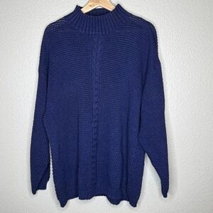 VTG‎ GAP Navy Blue Chunky Knit Mock Neck Cable Sweater L 90s Fisherman Old Money